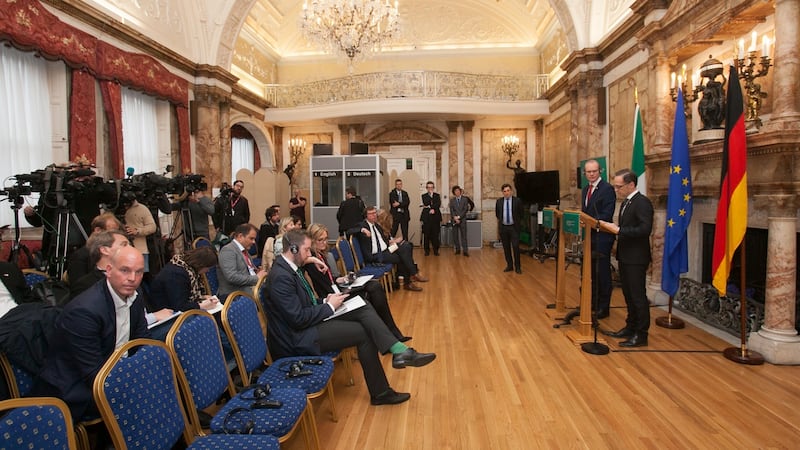Tánaiste and Minister for Foreign Affairs Simon Coveney and German foreign minister Heiko Maas face members of the media during a press briefing at Iveagh House, Dublin, on Thursday. Photograph: Gareth Chaney/Collins