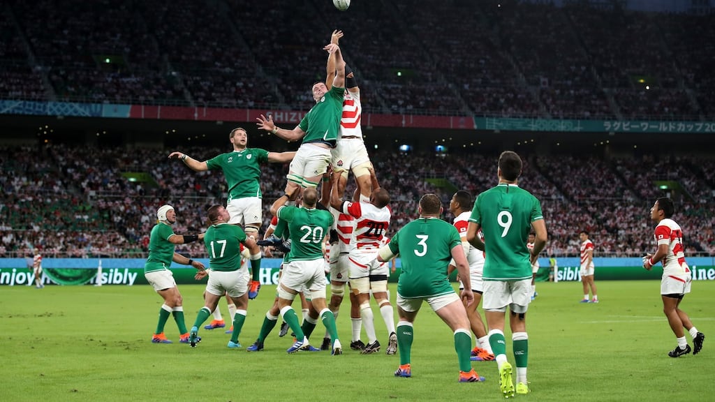 James Ryan of Ireland and Luke Thompson of Japan compete for a lineout during the Rugby World Cup 2019 Pool A match. Photo: Cameron Spencer/Getty Images