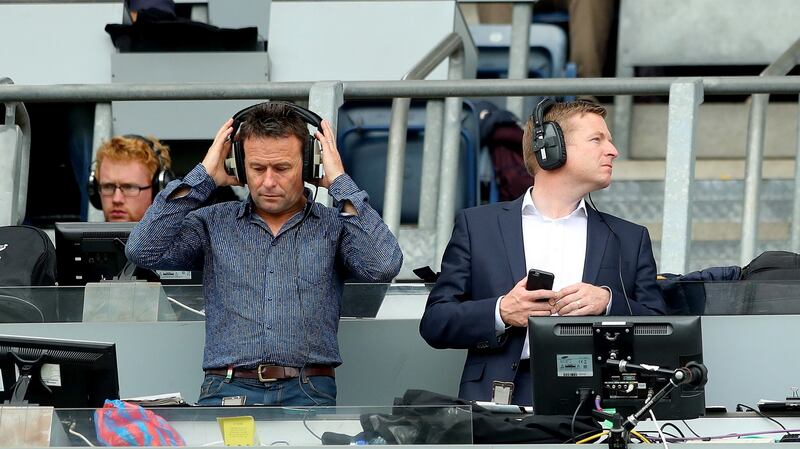 Bernard Flynn and Darragh Maloney broadcasting the 2016 All-Ireland Final between Dublin and Mayo at Croke Park. Photograph: James Crombie/Inpho