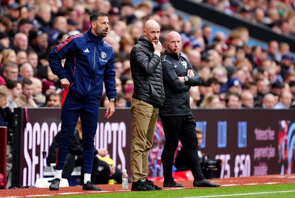 Manchester United assistant manager Ruud van Nistelrooy (left) and manager Erik ten Hag during the Premier League match at Villa Park, Birmingham, on Sunday, October 6th, 2024. Photograph: Mike Egerton/PA Wire
