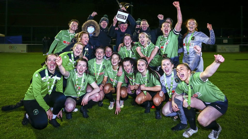 Peamount United’s players and staff celebrate after securing the FAI Women’s National League title after victory over Shelbourne at Peamount United FC in Newcastle, Co Dublin. Photograph:  Ken Sutton/Inpho