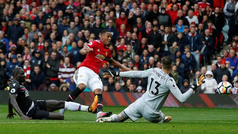 Manchester United’s Anthony Martial shoots at goal. Photograph: Andrew Yates/Reuters