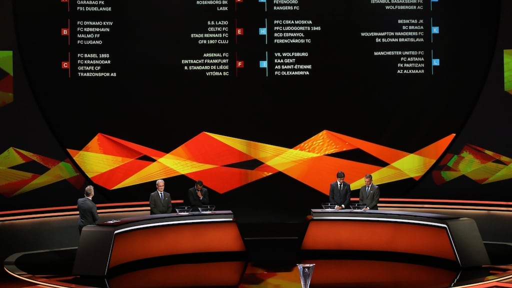 The screen shows the teams and the groups of the Uefa Europa League draw. Photo: Daniel Cole/AP Photo