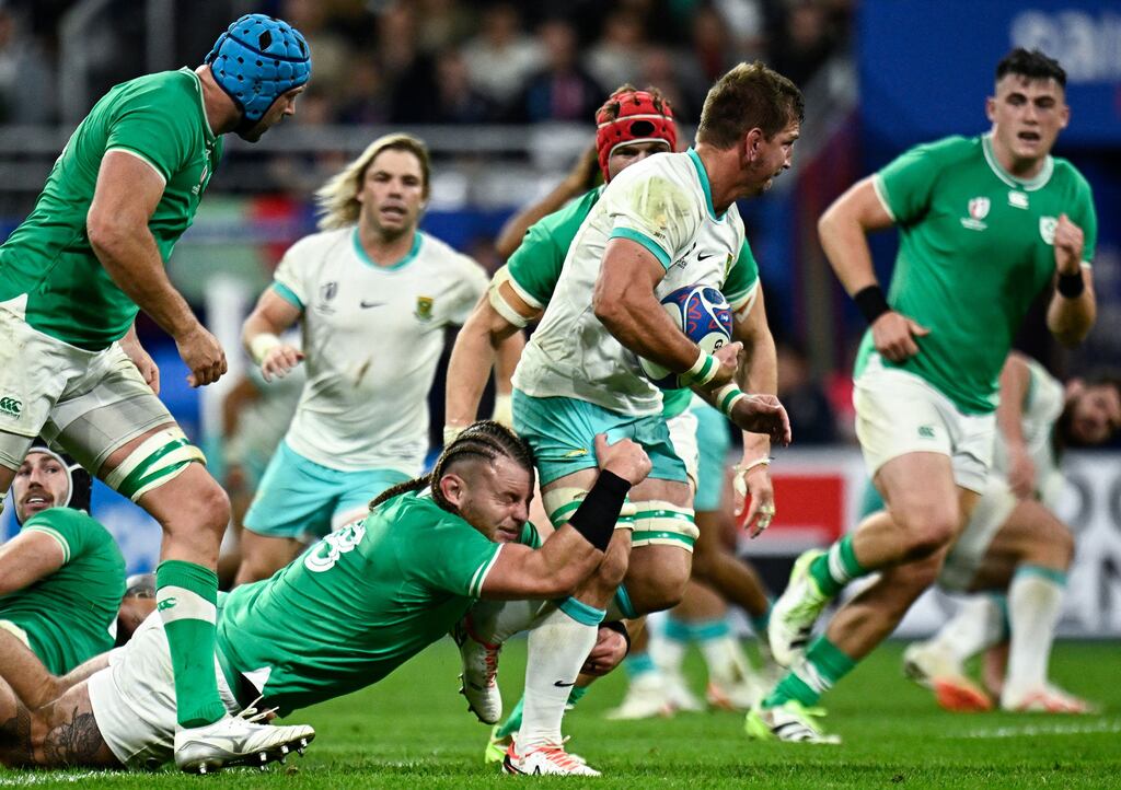 Finlay Bealham stops South African flanker Kwagga Smith during Ireland's Rugby World Cup victory over the Springboks last month. Photograph: Julien De Rosa/AFP via Getty Images