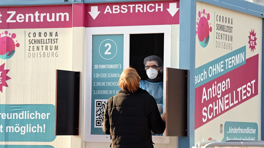 A man at a Covid-19 testing station in Duisburg, Germany, as infections rise across Europe. Photograph: Ina Fassbender/AFP via Getty Images