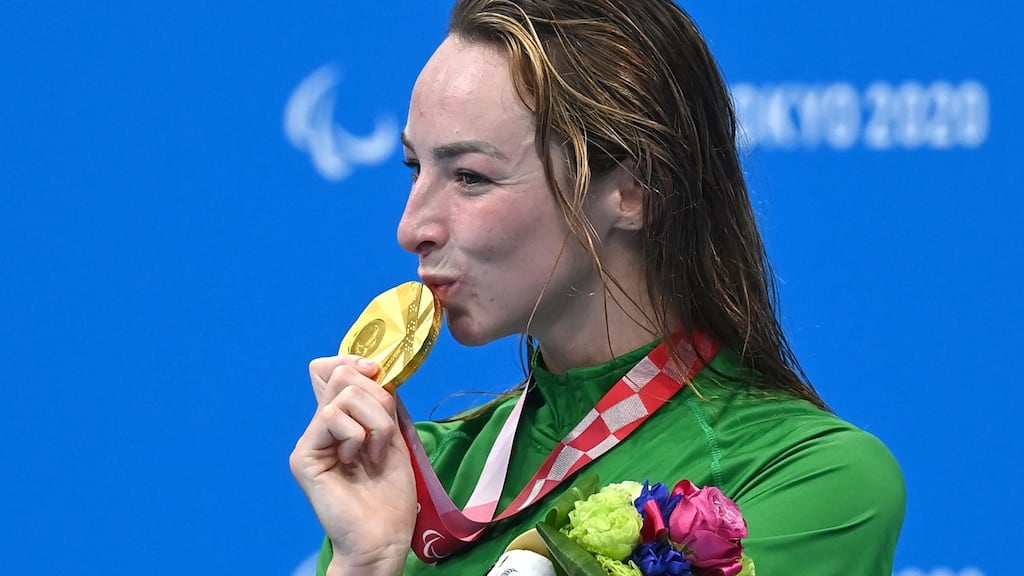 Ireland’s Ellen Keane celebrates with gold after winning the women’s 100m breaststroke (SB8)   at the Tokyo Aquatics Centre. Photograph:  Kazuhiro Nogi/AFP via Getty Images