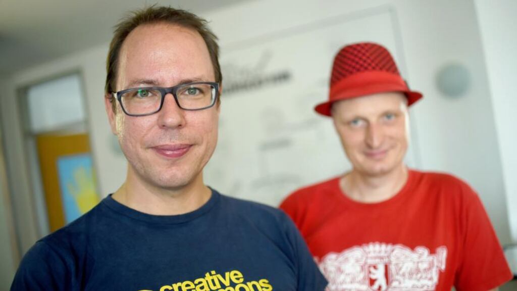 Founder of German news blog Netzpolitik org (Net politics), Markus Beckedahl (left), and one of the blog’s authors, Andre Meister. Photograph: Britta Pedersen/AFP/Getty Images