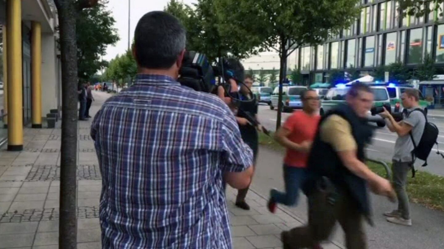 Armed police respond to a shooting at a shopping centre in Munich, Germany. Photograph: AP Photo/APTV