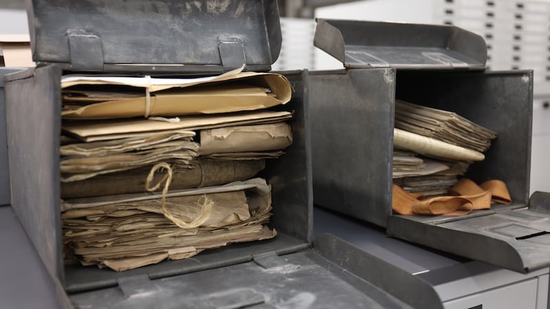 Boxes packed with old records at the Land Commission’s warehouse. Photograph: Bryan O’Brien