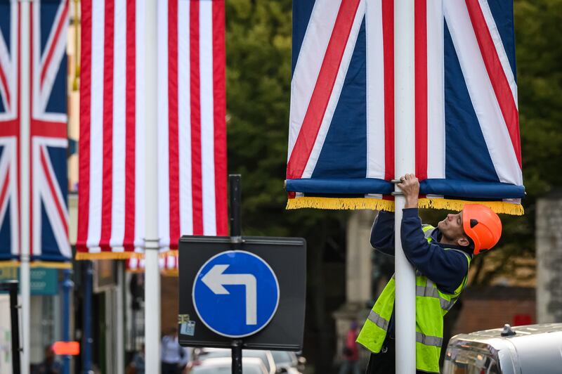 British and US flags have been erected around Windsor Castle in advance of US president Donald Trump's official state visit to the UK. He is scheduled to arrive on Tuesday. Photograph: Leon Neal/Getty Images