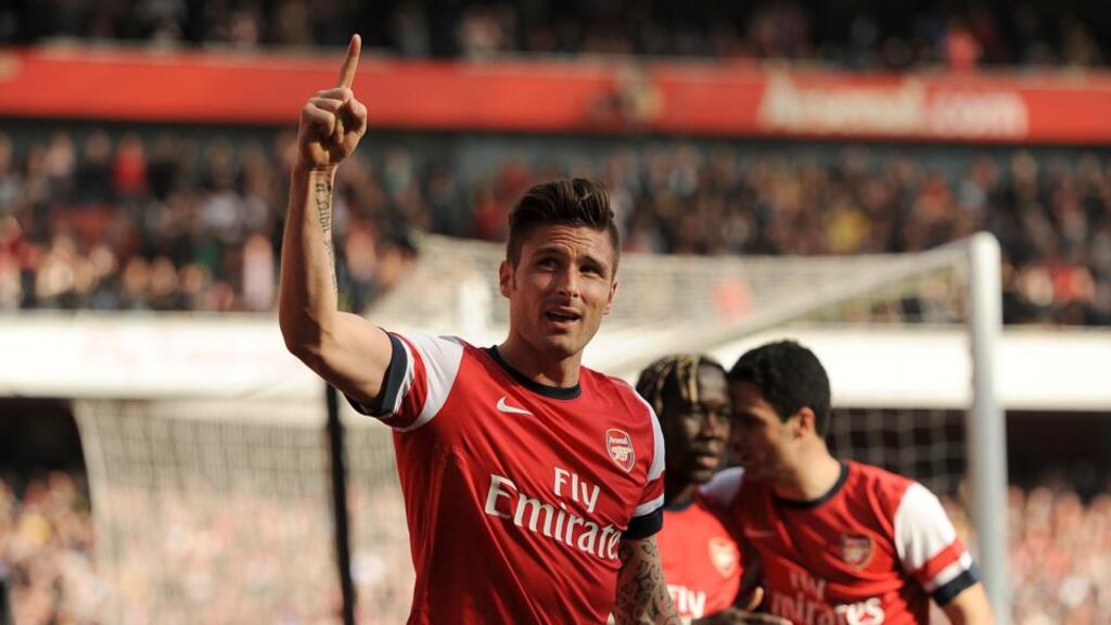 Arsenal’s Olivier Giroud celebrates scoring his side’s third goal. Photograph: Andrew Matthews/PA Wire.