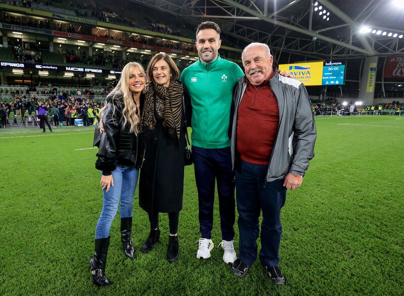 Ireland's Conor Murray with his parents Barbara and Gerry and wife Joanna. Photograph: Dan Sheridan/Inpho