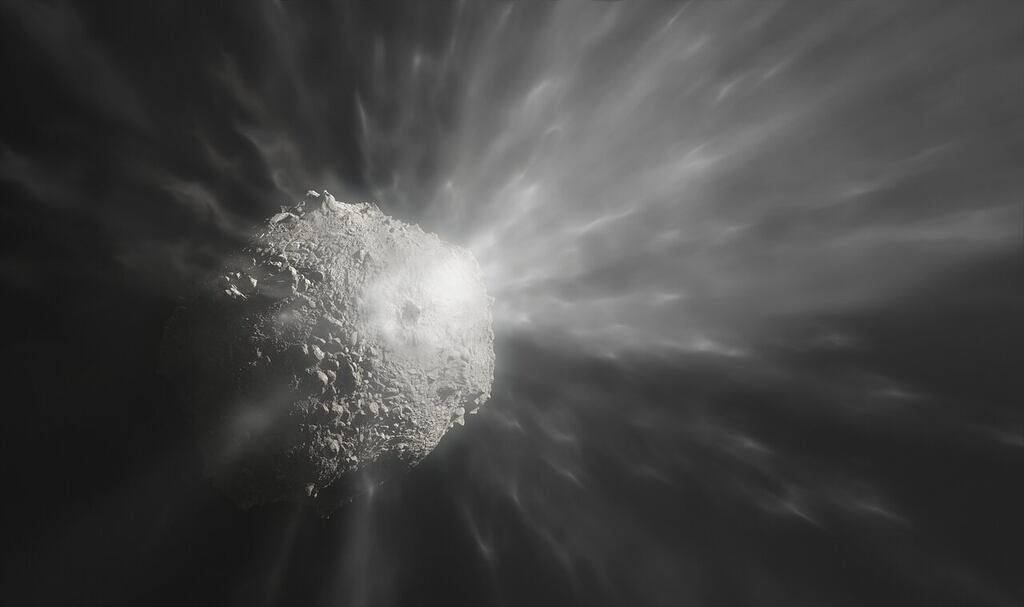 An artist's illustration showing ejection of a cloud of debris after Nasa's Dart spacecraft collided with the asteroid Dimorphos. Illustration: European Southern Observatory/PA