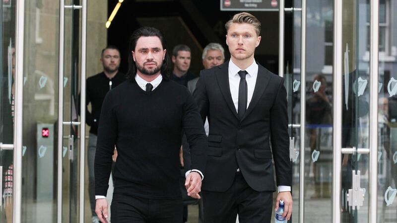 Jonathan Doran (left) leaving the Dublin Circuit Criminal Court after he was found guity of violent disorder. Jeff Hendrick (right) was acquitted. Photograph: Collins Courts
