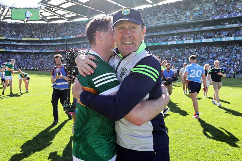 GAA Football All-Ireland Senior Championship Semi-Final, Croke Park, Dublin 10/7/2022
Dublin vs Kerry
Kerry manager Jack O’Connor celebrates after the game with Tadhg Morley
Mandatory Credit ©INPHO/Laszlo Geczo