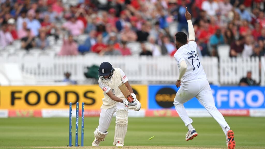 England batsman Haseeb Hameed is bowled first ball by Siraj on Ruth Strauss Foundation Day during day two of the Second Test Match between England and India at Lord’s. Photograph: Getty