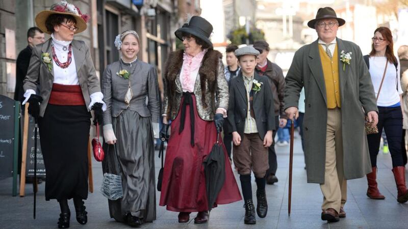 From left; Lorraine McMahon, with her daughter, Caoimhe O’ Byrne (13), mother Ann McMahon, son Dermot O’Byrne, and husband Kevin O’Byrne, from Newcastle, Co Dublin, as they Step into History, part of RTÉ’s Road to the Rising, exploring the events that led to the Easter Rising. Photograph: Dara Mac Dónaill