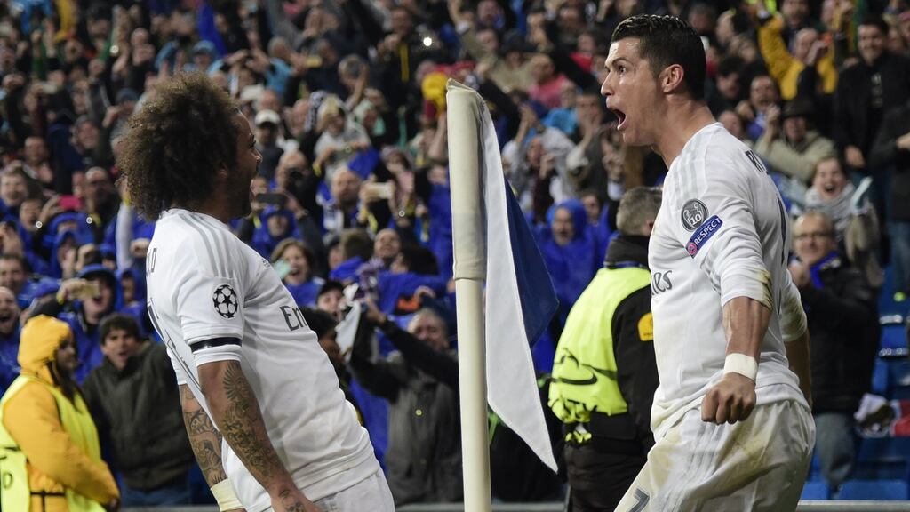 Real Madrid’s Cristiano Ronaldo and Marcelo celebrate at the Bernabeu. Photo: Getty Images