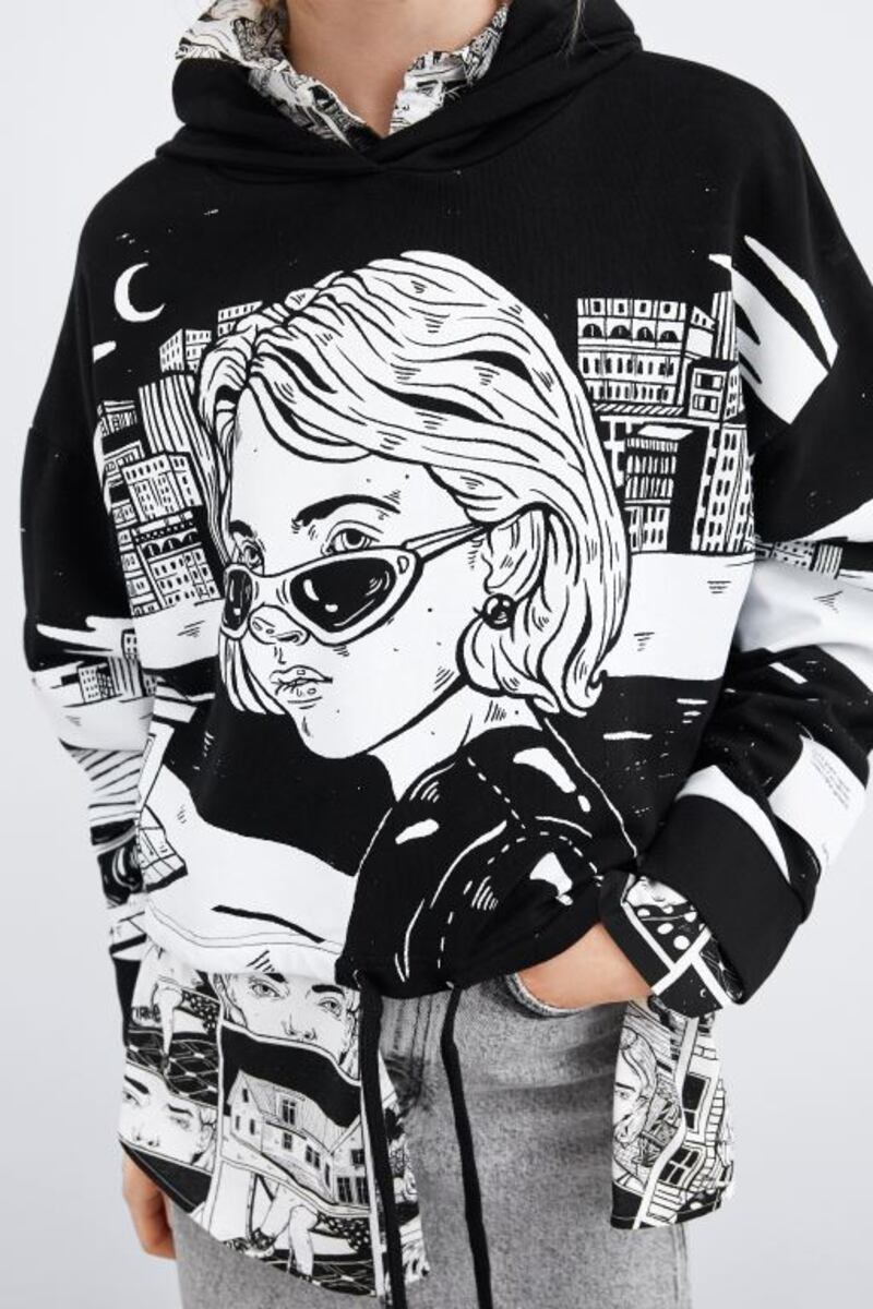 A sweatshirt with black and white graphics by Ana Mushell, part of Zara's Women in Art collection