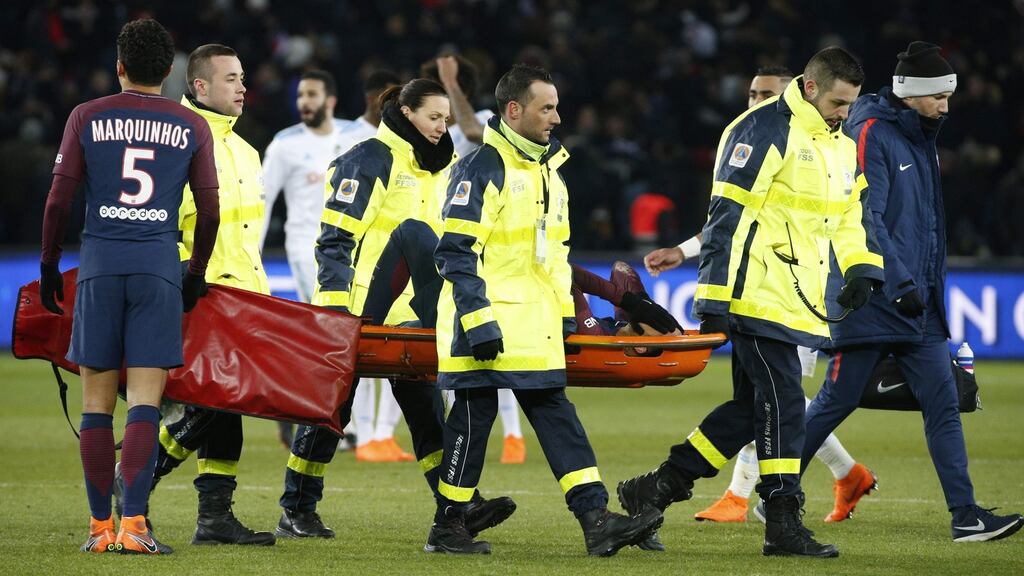 Neymar is stretchered off during PSG’s win over Marseille. Photograph: Geoffroy Van Der Hasselt/AFP