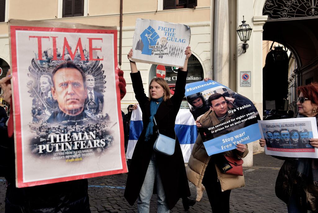 Members of the Russian community in Rome protesting the imprisonment of Alexei Navalny and other Russian political prisoners. Photograph: Simona Granati/Getty Images