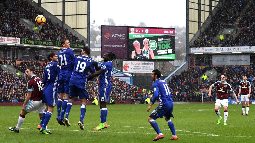 Robbie Brady scores Burnley’s equaliser with a free-kick in the Premier League game against Chelsea at Turf Moor. Photograph: Mike Hewitt/Getty Images