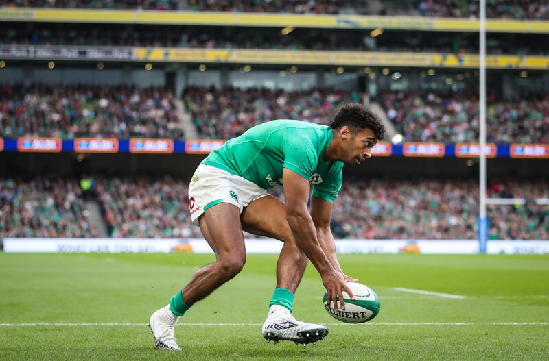 Ireland winger Robert Baloucoune scores a try in the second half for the hosts against Fiji. Photograph: Evan Treacy/Inpho