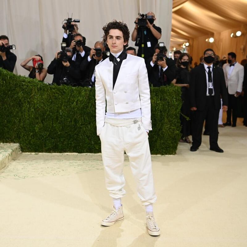 TimothŽe Chalamet at the Metropolitan Museum of Art's Costume Institute benefit gala in New York, Sept. 13, 2021. (Nina Westervelt/The New York Times)
