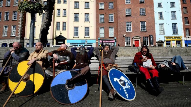 Vikings (from left): Mark Flynn, Shane Higgins, Gary Nolan, Paul Robinson and Ricardo Gatica, who will take part in Dublin City Council’s Battle of Clontarf festival, in St Anne’s Park, Raheny, over the Easter weekend. Photograph: Dara Mac Dónaill