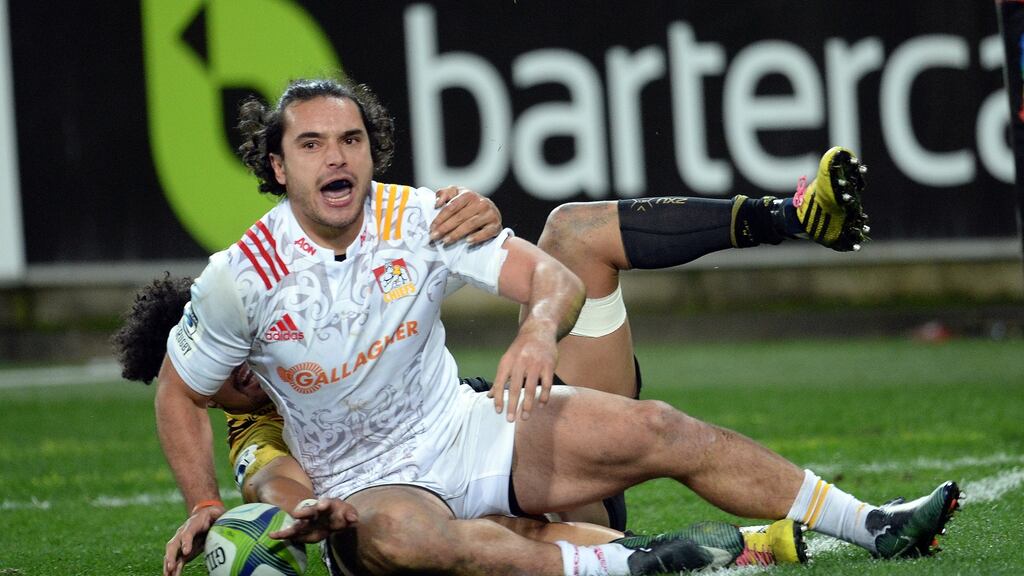 Chiefs’ James Lowe celebrates a try: “We’re bound by blood so there’s something a bit more in that. This is a team where you’re brothers before you put on this shirt, before you put on this fern.” Photograph: Marty Melville/Photosport/Inpho
