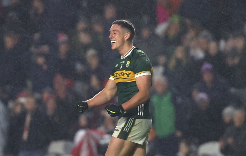 Kerry's Joe O'Connor celebrates after scoring a goal in the Munster SFC semi-final against Cork at Páirc Uí Chaoimh. Photograph: Bryan Keane/Inpho