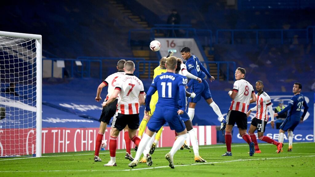 Chelsea’s Thiago Silva scores his side’s third goal of the game during the Premier League win over Sheffield United at Stamford Bridge. Photo: Mike Hewitt/PA Wire