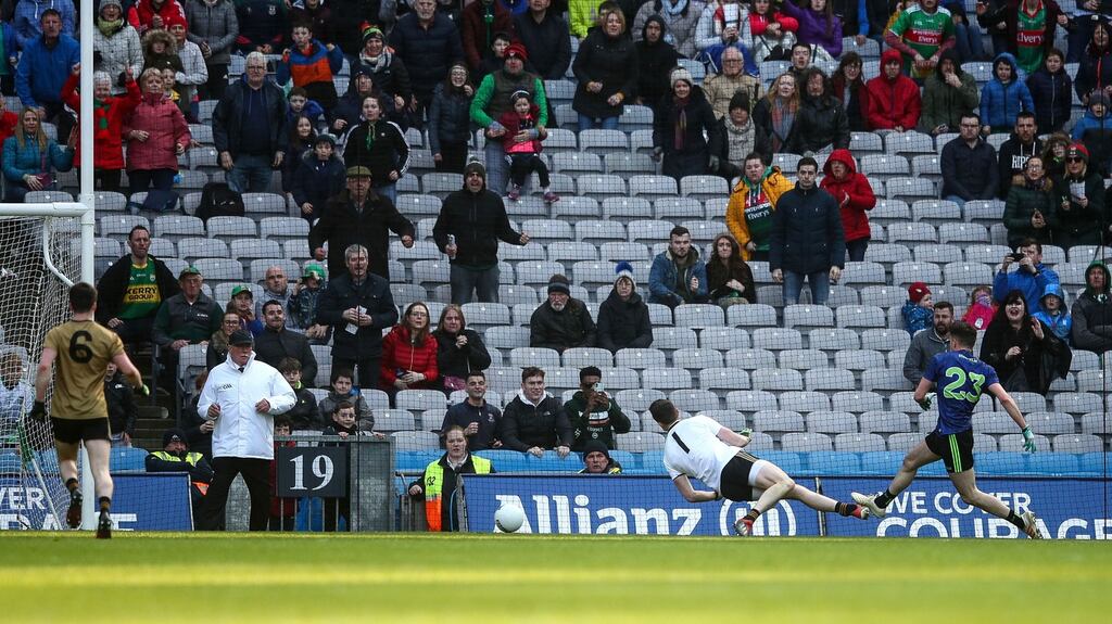 Mayo’s Ciaran Treacy scores a goal. Photo: James Crombie /Inpho