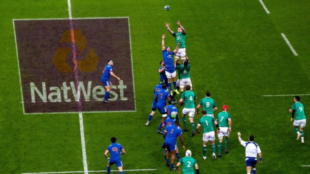 Ireland’s James Ryan wins a lineout ahead of Wenceslas Lauret of France during the Six Nations game at Stade de France. Photograph: James Crombie/Inpho