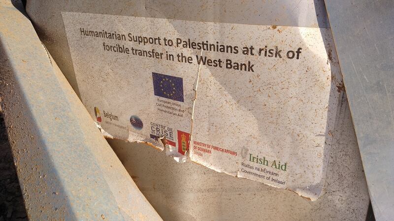 Labels of EU and Irish origin on aid destroyed by Israeli troops in Khirbet Humsah. Photograph: Sarit Michaeli/Btselem