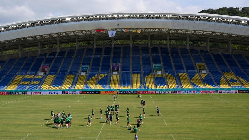 Ireland’s players attend the captain’s run training session at the Fukuoka Hakatanomori Stadium ahead of the 2019 Rugby World Cup clash with Samoa. Photo: Christophe Simon/Getty Images