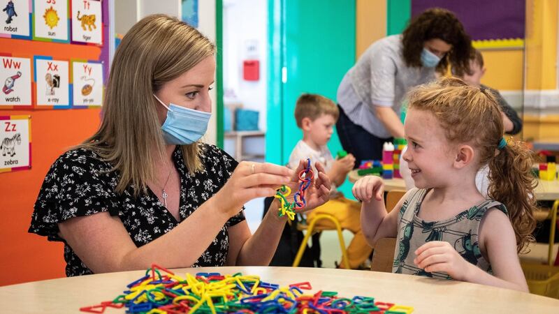 Teacher, Eva Kelly with Juniper Kavanagh, five , who started in Junior Infants at Lusk Educate Together primary school. Damien Eagers