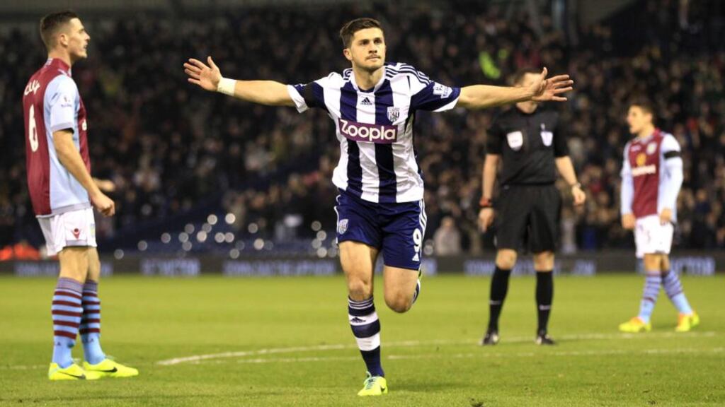 West Bromwich Albion’s Shane Long celebrates scoring his teams opener, hist first, against Aston Villa at The Hawthorns. Photograph: Nick Potts/PA Wire