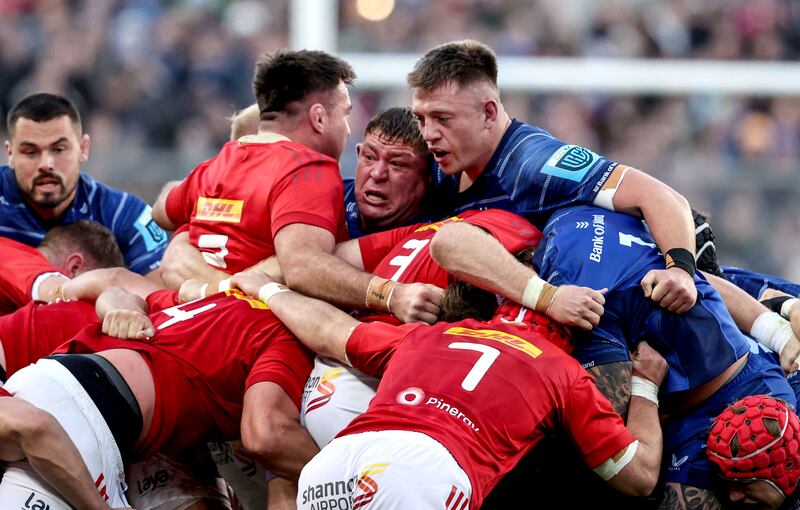 Leinster’s Tadhg Furlong and Lee Barron during a scrum at Croke Park. Photograph: Tom Maher/Inpho