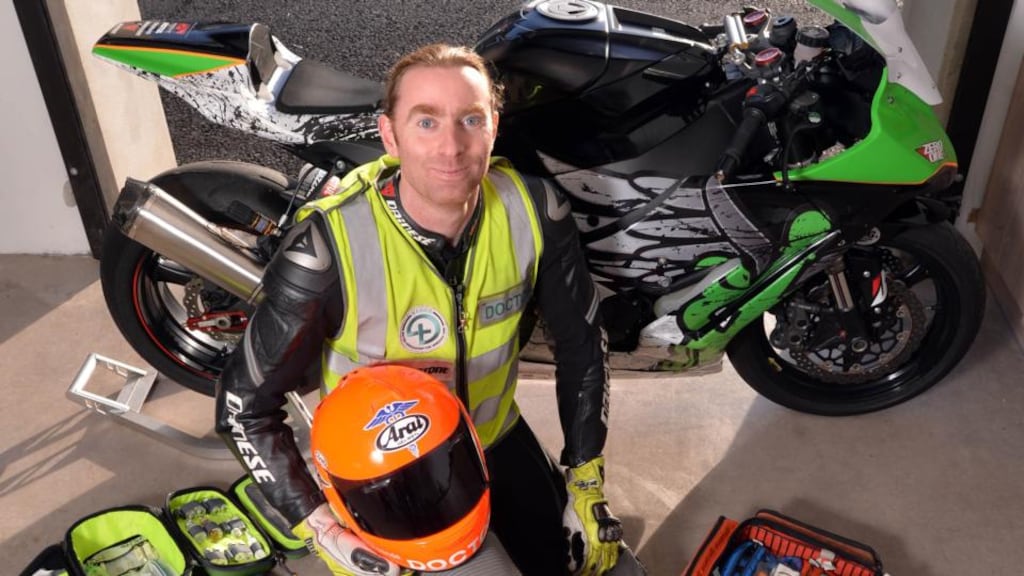 Dr John Hinds – with his ZX10 Kawasaki – was one of the largely self-funded team of doctors, nurses and paramedics who responded to crashes at Irish national and international races.