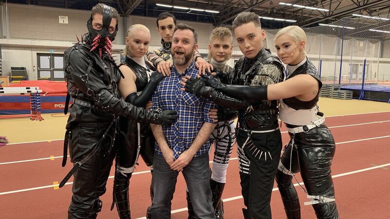 Rob Holley, the UK-based Eurovision fan who’s organizing the #EurovisionAgain Saturday re-watches, with Hatari (last year’s BDSM-inflected Icelandic entry). Photograph: Ellie Chalkley