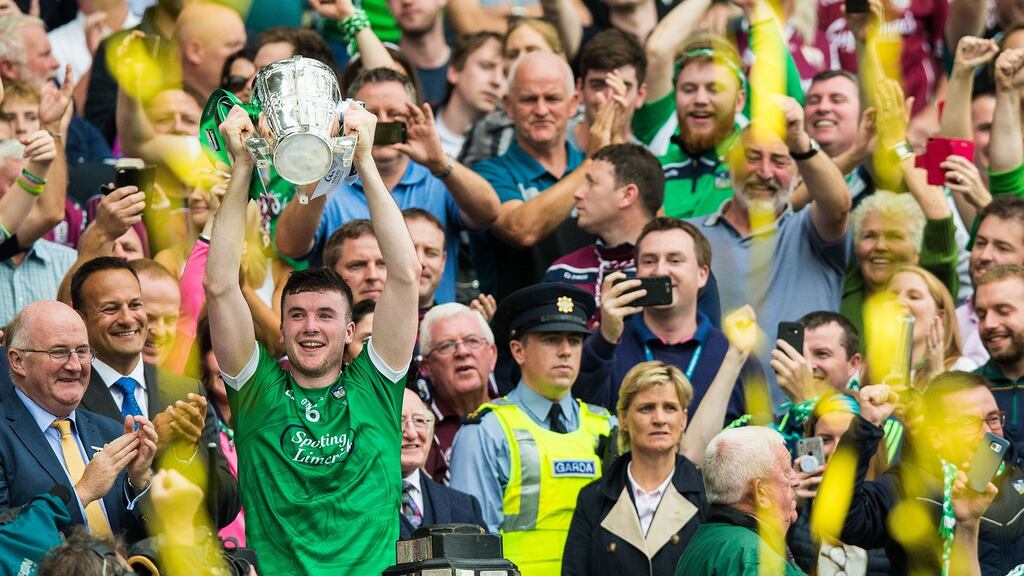 Limerick’s Declan Hannon lifts the Liam MacCarthy. Photo: Tommy Dickson/Inpho