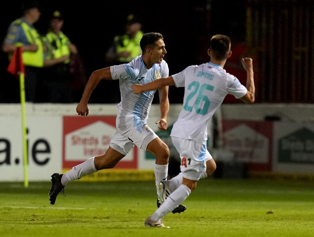 Rijeka's Ante Orec (left) celebrates with Tiago Dantas. Photograph: Niall Carson/PA Wire