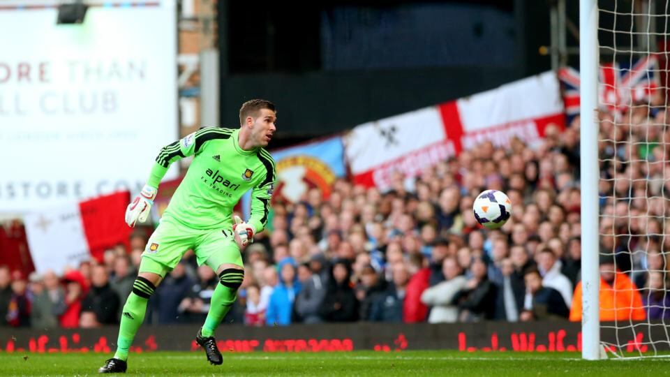 West Ham goalkeeper Adrian watches on as Wayne Rooney’s audacious shot heads towards goal in the Premier League game against West Ham at Upton Park. Photograph: Julian Finney/Getty Images