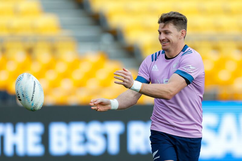 Beauden Barrett passes during a New Zealand All Blacks training session. Photograph: Hagen Hopkins/Getty