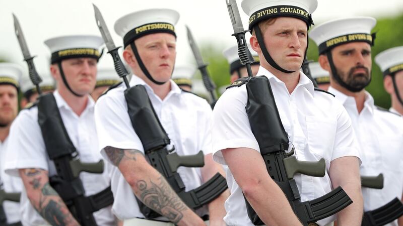Members of the Royal Navy Small Ships and Diving unit practice their ceremonial support ahead of the wedding. Photograph: Andrew Matthews/AFP/Getty Images