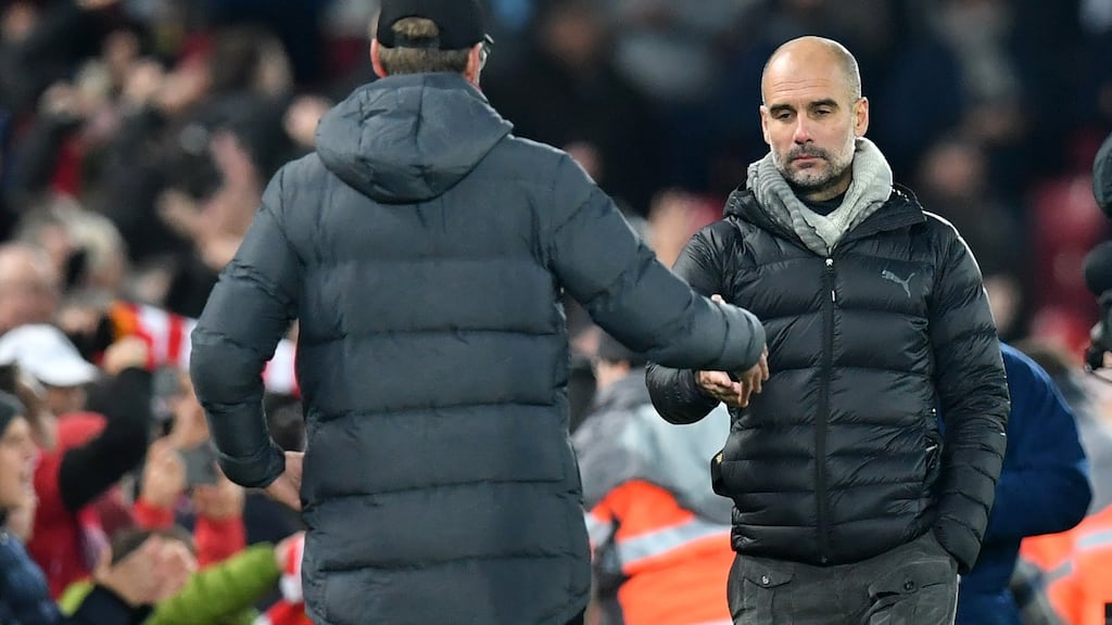 Manchester City’s Pep Guardiola shakes hands with Liverpool’s Jürgen Klopp at Anfield last November. Photograph: Getty Images