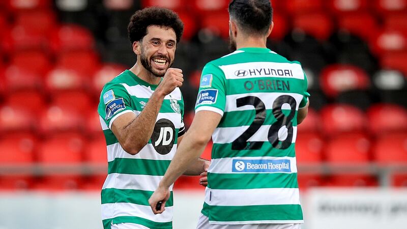 Roberto Lopes celebrates after the game with Joey O’Brien having scored the winner against Derry City in the come from behind win at the Ryan McBride Brandywell. Photograph: Tommy Dickson/Inpho
