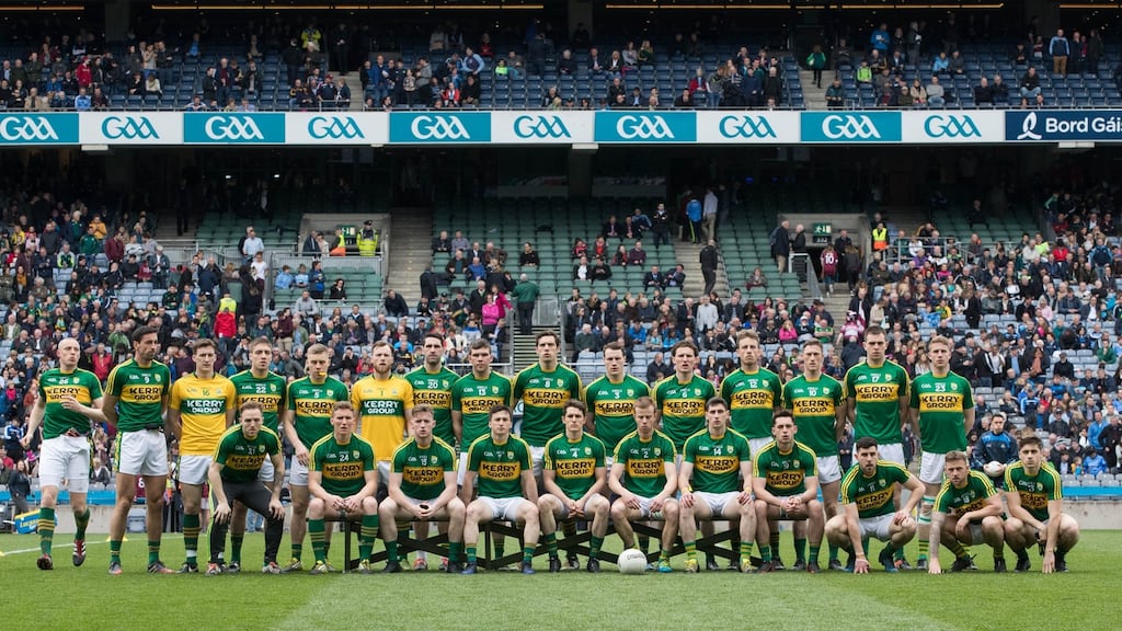The Kerry panel before their league final win over Dublin in Croke Park. Photograph: Ryan Byrne/Inpho