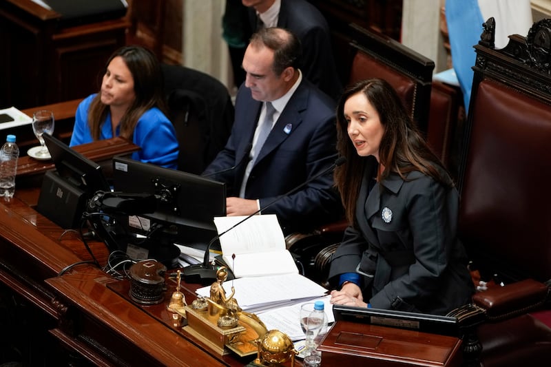 Argentine vice president and Senate president Victoria Villarruel speaks before casting the tie-breaking vote in favour of a bill. Photograph: Natacha Pisarenko/AP